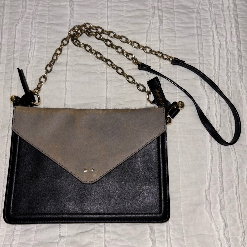Gianni Bini Two-Tone Beige And Black Leather Cattle Hair Crossbody Fold Top Bag